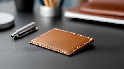 Brown Leather Card Holder on a Dark Desk