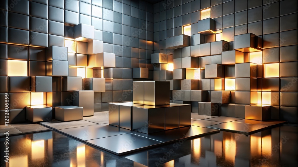 Wall mural illuminated cube installation abstract modern display with metallic textures and warm lighting