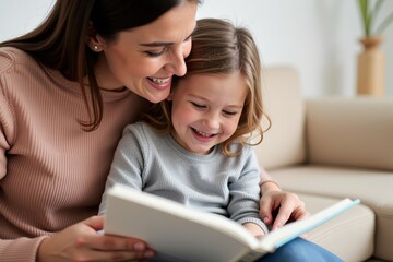 Heartwarming Moment Between Mother and Daughter as They Enjoy Reading Together on a Cozy Couch in a Bright Living Room