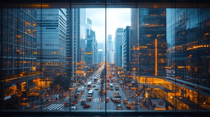 City street view from skyscraper, evening traffic, urban landscape, business