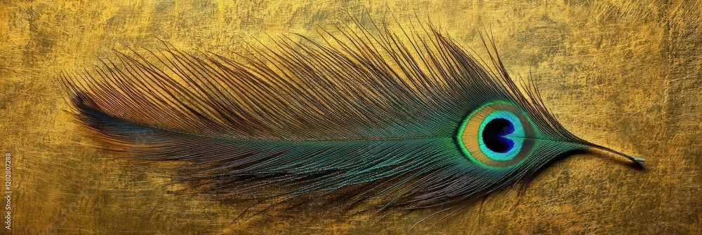 Aufkleber Colorful peacock feather displayed on a golden surface showcasing intricate patterns and vibrant hues. Generative AI