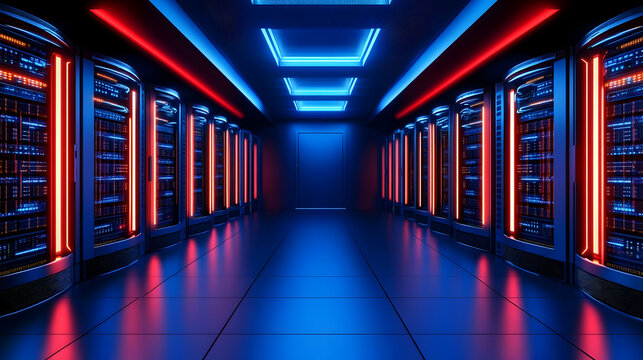 Neon-lit server room corridor; data center infrastructure; technology background; website or tech article illustration