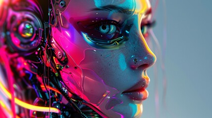 Flashy cyborg with attractive features, simple background, rainbow colors, strong makeup