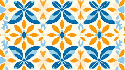Orange and blue floral tile pattern, seamless repeat, textile design, background