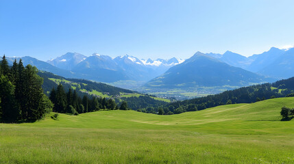 Obraz premium Panoramic view of Alpine valley, green meadows, snow-capped mountains, summer day, idyllic landscape; perfect for travel brochures