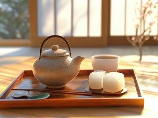 Traditional Japanese tea ceremony with rice cakes (mochi). Featuring a serene and cultural ritual. Highlighting the elegance and tradition of the tea ceremony. Ideal for cultural and food themes.