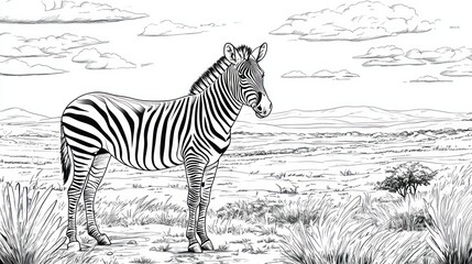 A zebra standing in a wide-open savanna, surrounded by bold outlines of grass and a flat horizon for easy coloring.