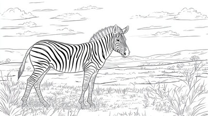 A zebra standing in a wide-open savanna, surrounded by bold outlines of grass and a flat horizon for easy coloring.