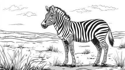 A zebra standing in a wide-open savanna, surrounded by bold outlines of grass and a flat horizon for easy coloring.