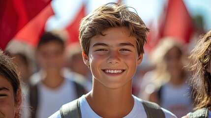 A smiling young boy stands among a crowd with red flags in the background, exuding joy and enthusiasm.
