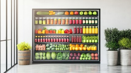 A spacious open fridge full of healthy vegetables, fruits, and beverages, against a clean white wall, emphasizing freshness and nutrition.