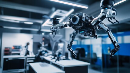 Naklejka premium A robot performing advanced drone maintenance in a high-tech aerial operations center with clean, organized workspaces and advanced equipment, Drone tech style