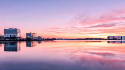 Fototapeta premium Pink sunrise over calm lake reflecting modern buildings, cityscape backdrop, ideal for travel or real estate brochures
