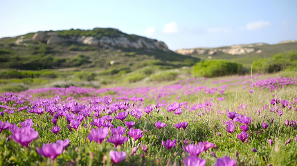 Obraz premium Purple wildflowers bloom in a scenic field, hills in the background, perfect for nature or travel websites