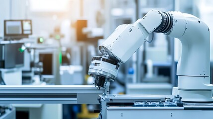 A robot performing advanced quality control in a clean, high-tech semiconductor manufacturing plant with intricate machinery and organized workstations, Semiconductor tech style