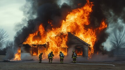 Fototapeta premium Firefighters battling a controlled house fire with smoke and flames rising into the sky, practicing coordinated techniques in Palmyra, Nebraska, 4K photorealistic