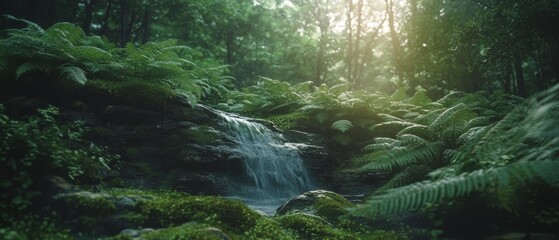 Sunlight filters through dense trees, casting a gentle glow over a secluded forest brook surrounded by lush green ferns in a tranquil woodland haven.