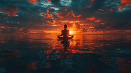 Woman Meditates on Calm Water at Sunset