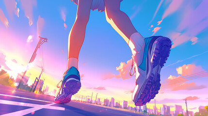 A vibrant sunset scene showcasing a runner in colorful sneakers on an urban street, with a city skyline