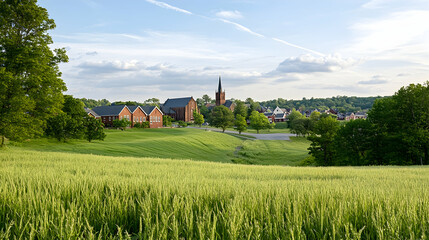 Rural town church steeple spring green field sunset landscape, idyllic community postcard