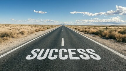 A straight road with SUCCESS painted on the asphalt, disappearing into the horizon under a bright blue sky.