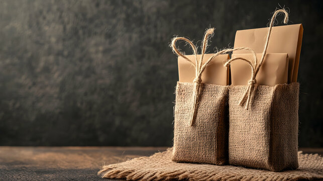 Rustic burlap sacks holding kraft paper envelopes on wooden table against dark background; perfect for gifting, packaging or marketing