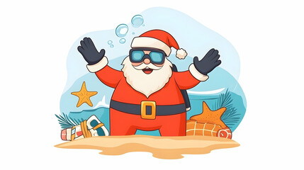 Santa scuba diving on beach, ocean background, Christmas summer greeting card