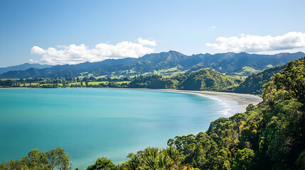 Obraz premium Scenic coastal bay, green hills, tranquil beach, sunny day, travel destination