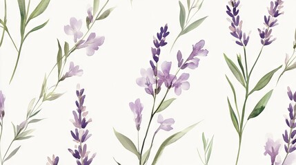 117.A delicate collection of hand-painted lavender flowers, showcasing intricate botanical details and subtle gradients of purple and green, forming an elegant decor set with a vintage aesthetic.