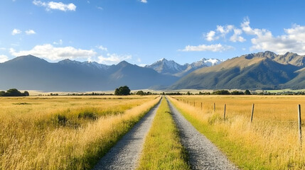 Fototapeta premium Scenic gravel road through golden field towards majestic snow-capped mountains; idyllic rural landscape; travel, nature, serenity