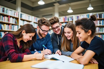 Group of Young Students Collaborating on Study Project in Library - Educational Environment Encouraging Teamwork and Learning