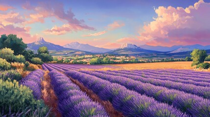 Obraz premium 95.A detailed, sweeping view of the Provence countryside, showcasing neatly arranged lavender fields with a backdrop of gentle mountain peaks under a luminous violet sky.