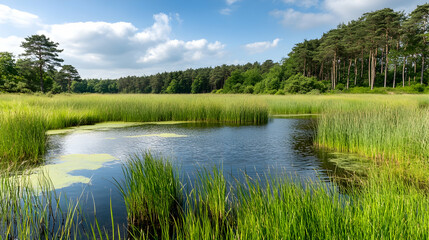 Fototapeta premium Serene summer wetland landscape; tranquil pond, tall grasses, forest backdrop; ideal for nature, travel, or environmental publications