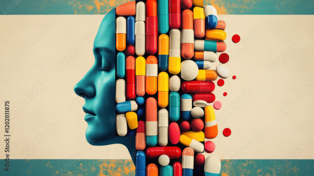 Poster loss of interest and antidepressants, this image features a face splitting into two, with one half r