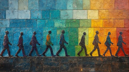 A colorful mural depicts silhouetted figures walking, symbolizing progress and diversity.