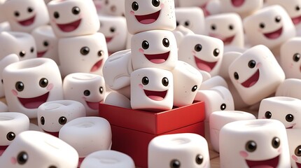 Smiling Marshmallow Characters Popping Out of Gift Box in a Celebration of Happiness and Joy

