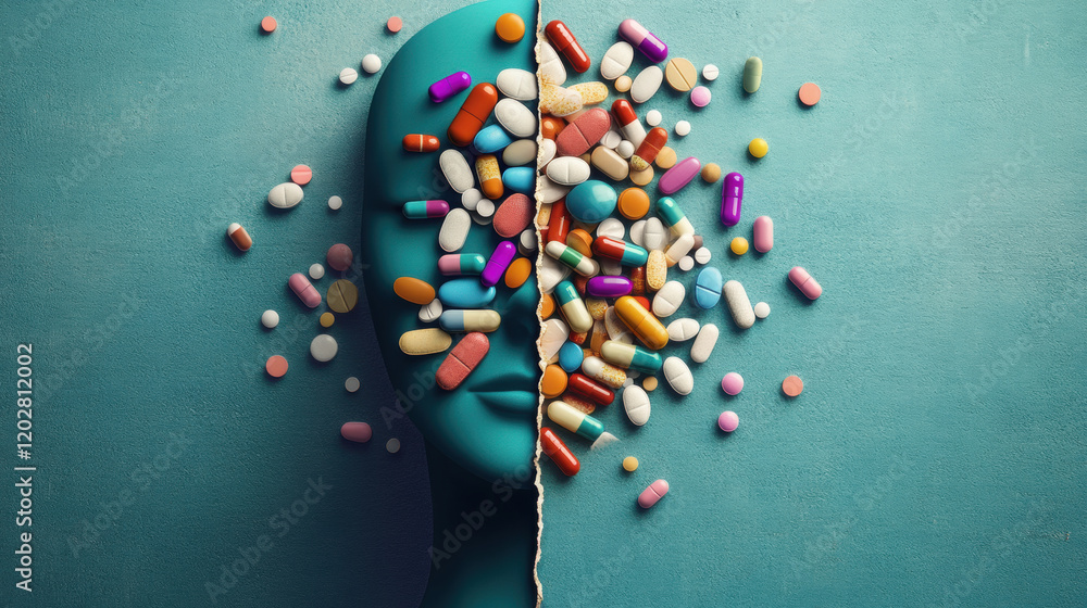 Poster loss of interest and antidepressants, a striking image of a face split in two, showcasing one half r
