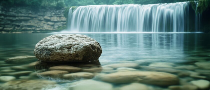 A serene waterfall cascades into a tranquil pool, where a solitary rock rests, surrounded by smooth stones. The mist adds a dreamy ambiance.