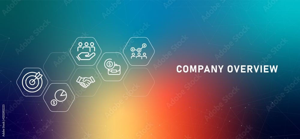 Poster company overview profile summary in brief corporate information gradient header introduction organiz