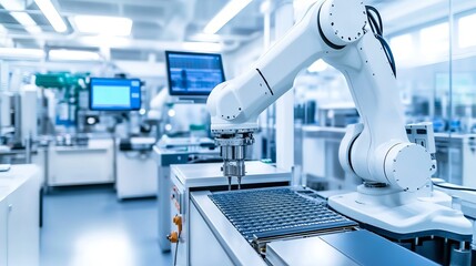 A robot performing advanced quality control in a clean, high-tech semiconductor manufacturing plant with intricate machinery and organized workstations, Semiconductor tech style