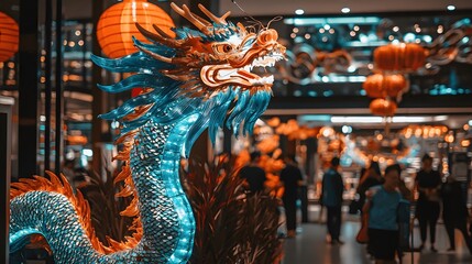 Illuminated Teal Gold Dragon Statue in Festive Asian Shopping Mall Setting