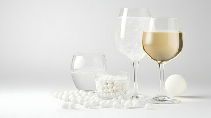 Still life of white wine, water, and candies on a white background, ideal for minimalist advertisements