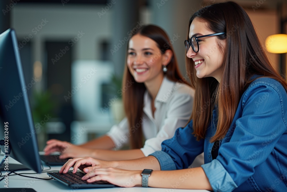 Poster two young women collaborating at modern office workspace with computers and smiling, emphasizing tea