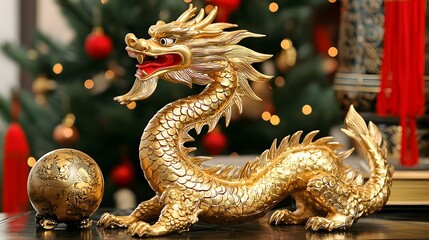 Obraz premium Golden Dragon Figurine Chinese Dragon Statue Festive Holiday Decoration Asian Art