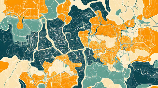 Stylized map of suburban area, showing roads, waterways, and residential zones. Ideal for urban planning presentations
