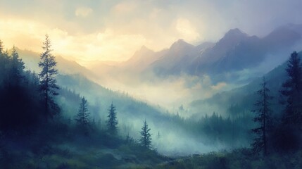 Misty mountain landscape at sunrise, showcasing a valley filled with evergreen trees and shrouded in fog, with majestic peaks in the background.