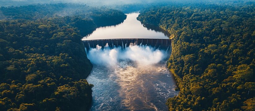 Aerial View of Inga Dam in Congo's Lush Rainforest