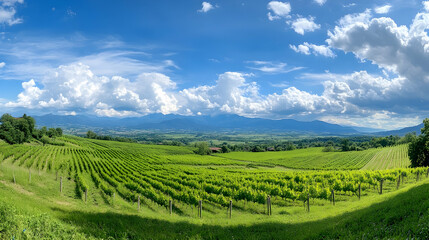 Fototapeta premium Sunny vineyard panorama, rolling hills, mountains background; ideal for travel brochures