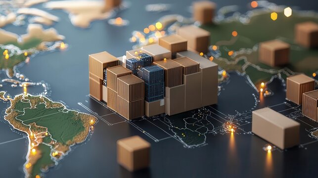 Central logistics hub glowing on a dynamic map, core of a global cargo network, 3D illustration