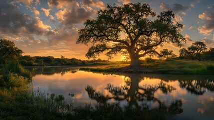 Fototapeta premium Majestic Oak Tree Sunset Lakeside Reflection